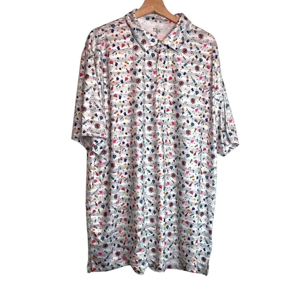 1764 Mens Polo Shirt White Men Size 2XL Golf Cocktail Festival Print NWOT